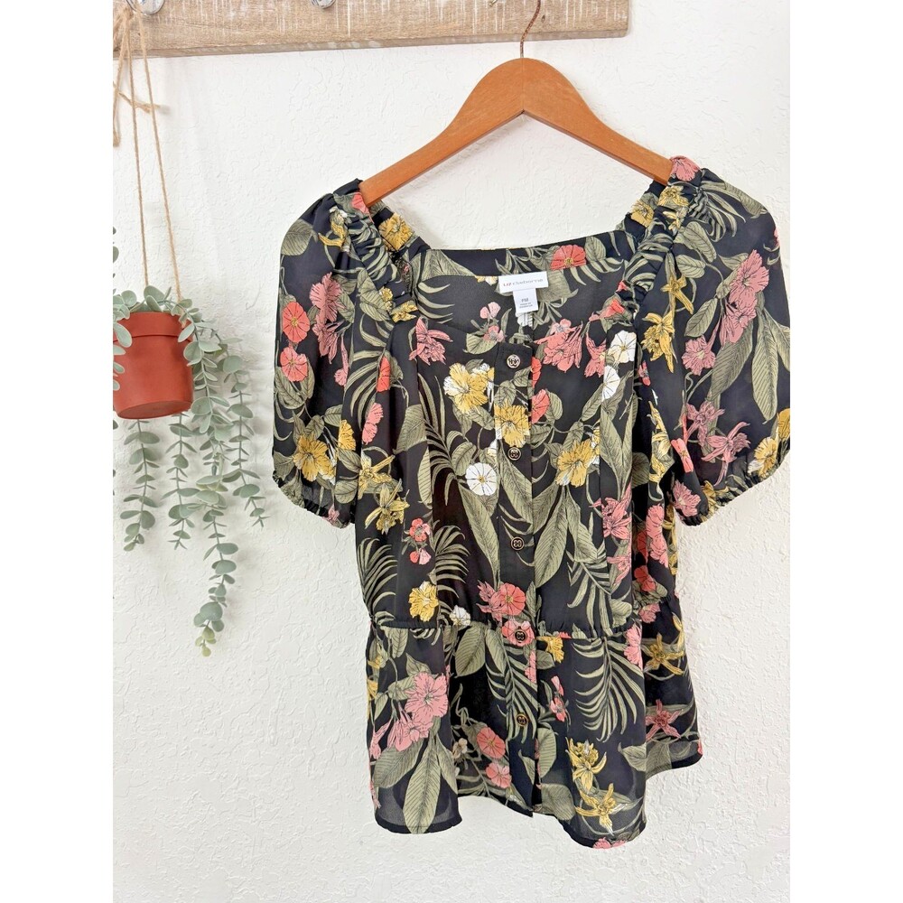Liz Claiborne Women's Floral Peplum Blouse Black Puff Sleeve Square Neck Sz PM